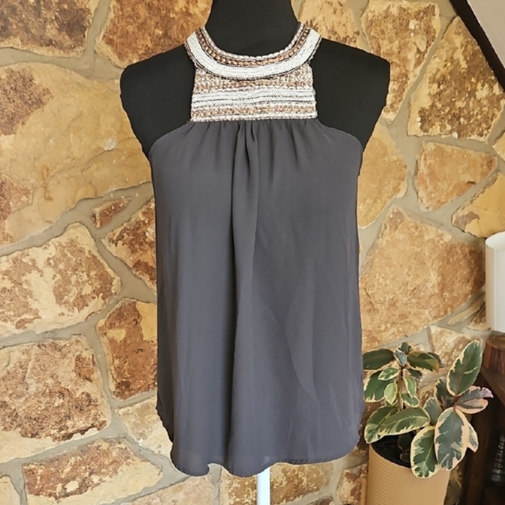 Papermoon‎ Elegant Gray Beaded Halter Top Sz S